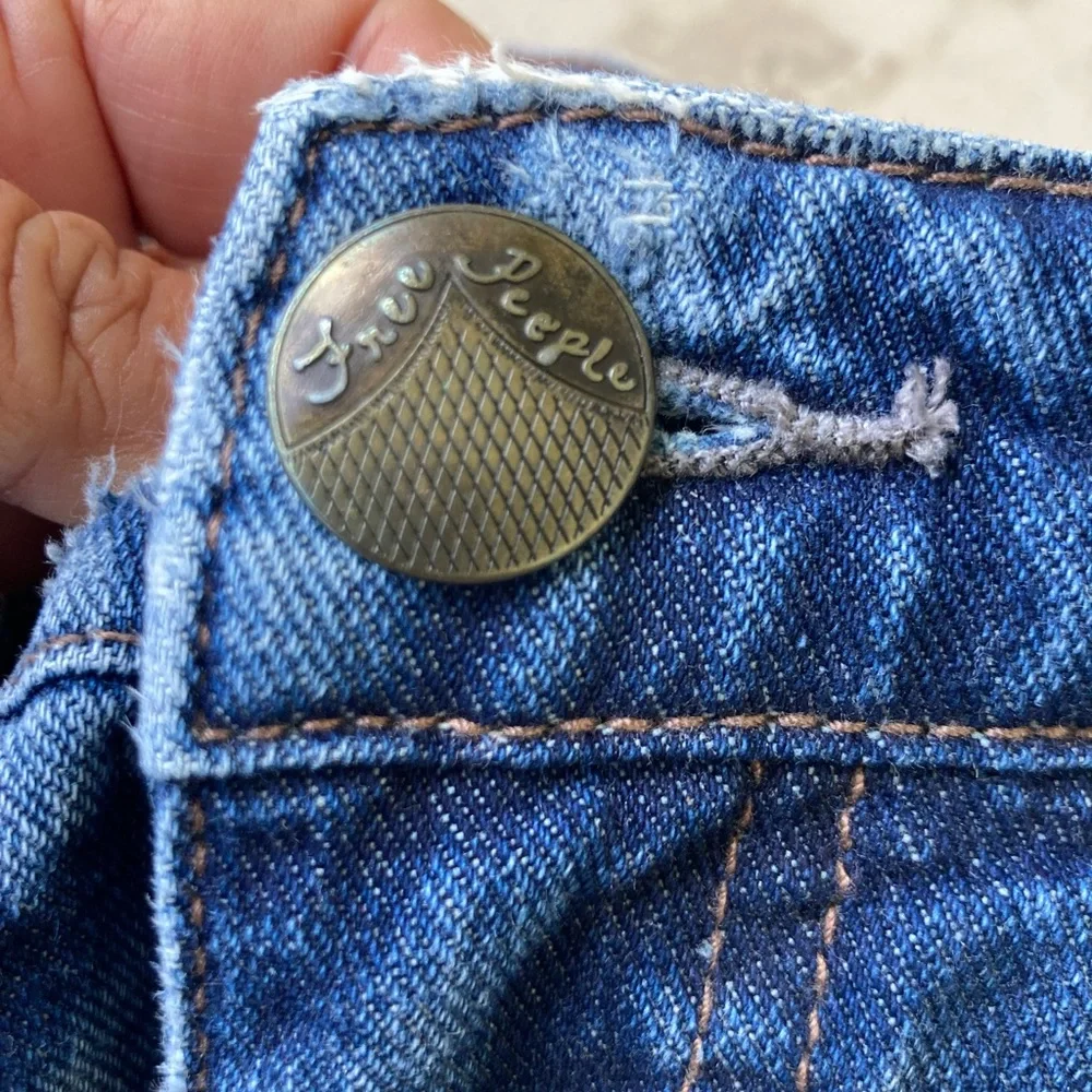 Free People Distressed Blue Denim Shorts with Lace Accents